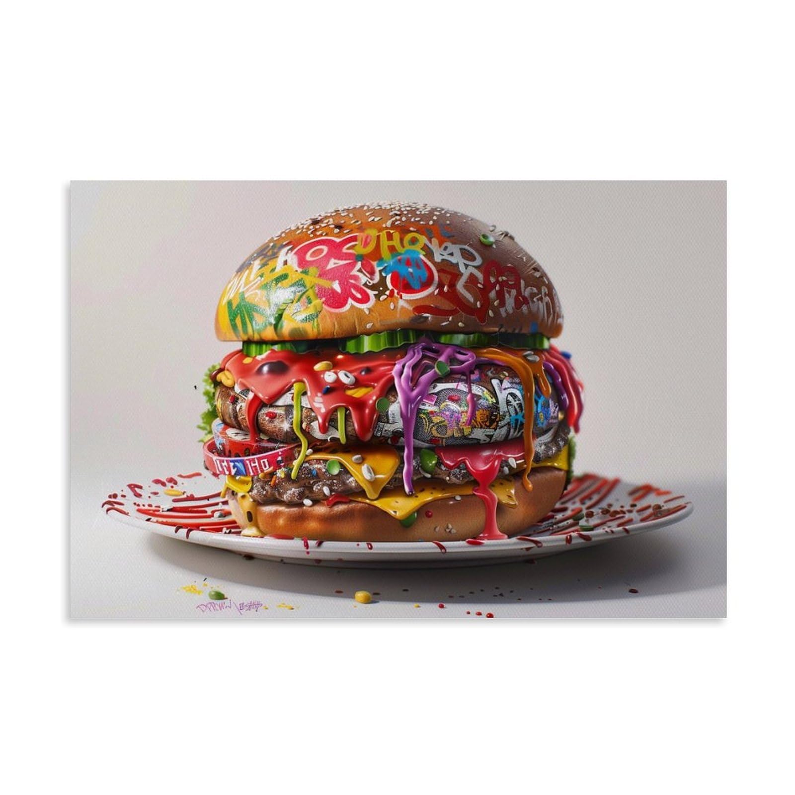 Graffiti Style Burger Canvas Painting Vibrant Street Art Fast Food Wall Decor Colorful Cheeseburger Illustration Canvas Art Posters for Room Aesthetic