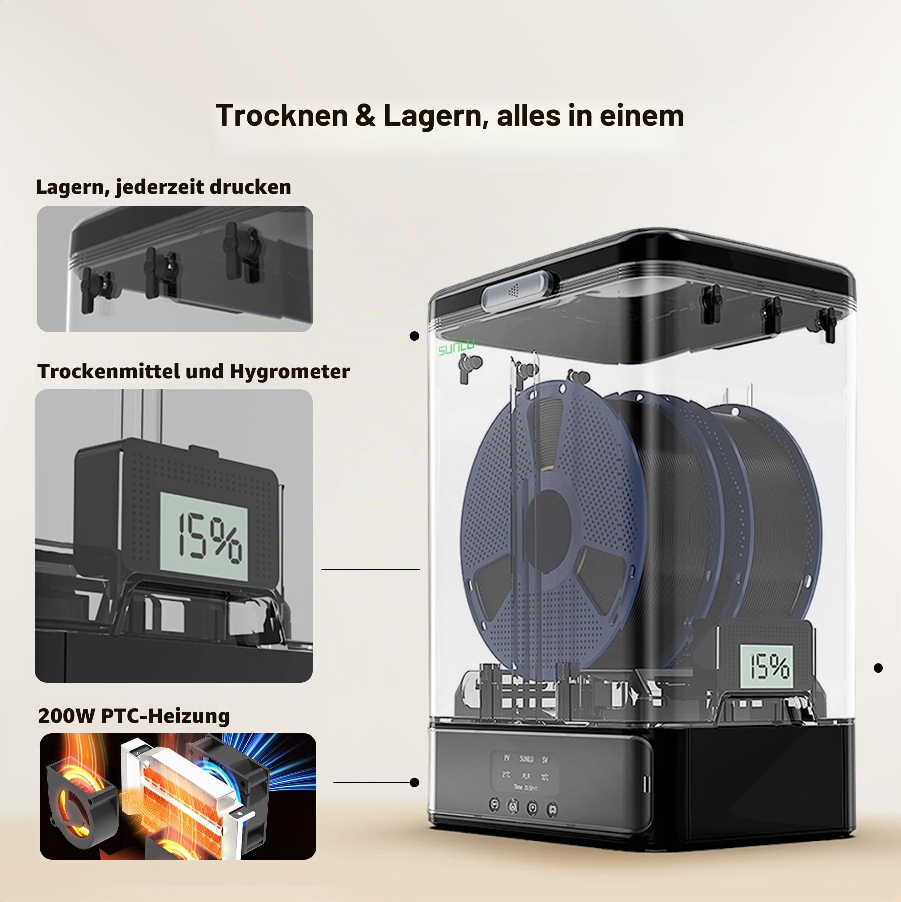SUNLU Filament Trockner & Aufbewahrung Box SP2, 2-Rollen 3D Drucker Filament Dryer, 70℃ Max Temperatur mit 360° Heizung für 3D Filament Trocknen, kompatibel mit 1,75 mm PLA PETG TPU ABS PA PC