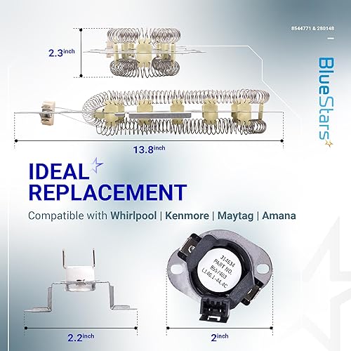 Miniatura 3 de BlueStars Elemento calefactor de secadora 8544771 y corte térmico 280148 (termostato de límite alto 8557403 y fusible térmico 8318314) - Para