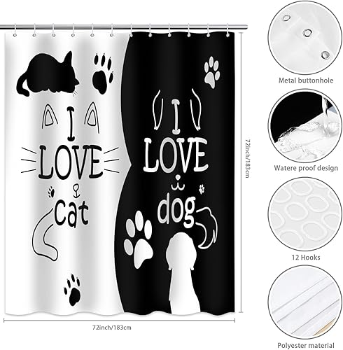 Miniatura 7 de Yieldeer Cortina de ducha en blanco y negro con texto en inglés "I Love Cat Dog" para baño, divertido juego de cortina de ducha con estampado de