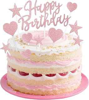 Pink Happy Birthday Cake Toppers, Glitter Pink Cake Topper with Star and Heart Decoration Cute Attractive Cakes Decorations for Celebrating Happy Birthday Party Anniversary