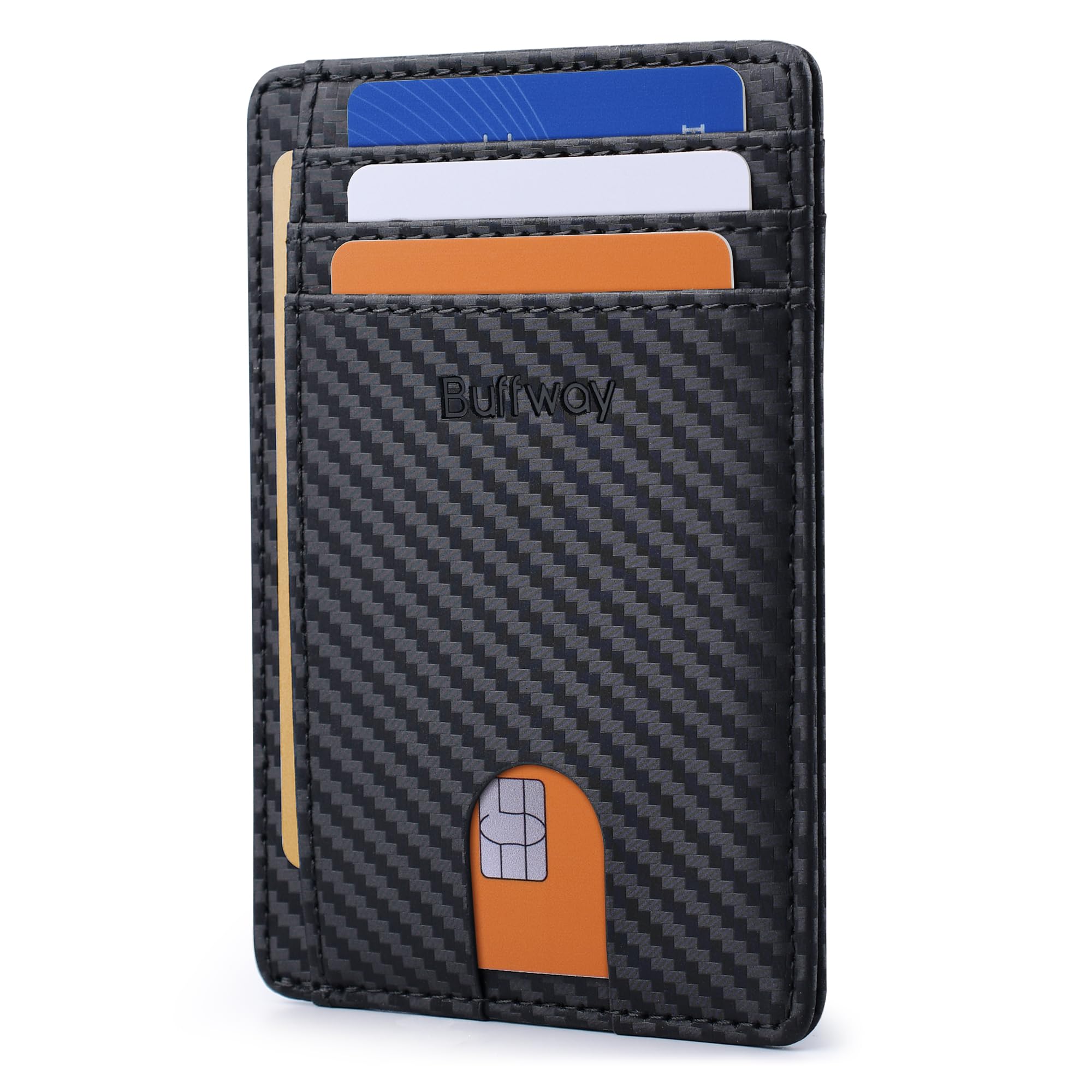 buffway slim minimalist front pocket rfid blocking leather wallets for men and women - carbon fiber black