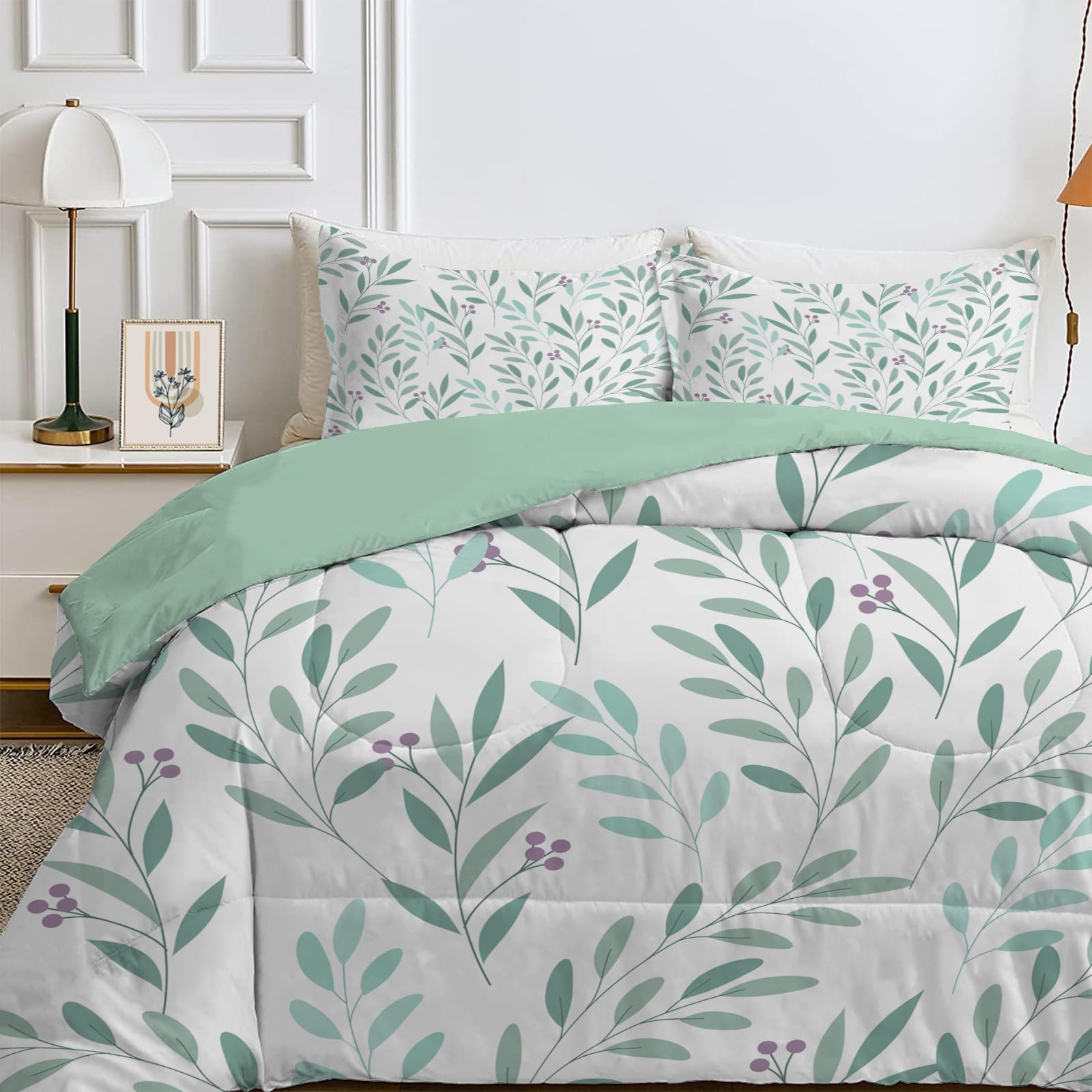 Qiwagu White Queen Size Duvet, Quilt 7.5 Tog for Summer & Autumn, Reversible Coverless Duvet with Leaf Green Pattern, Lightweight Soft Comforter with 2 Pillowcases, 228x228cm, Machine Washable