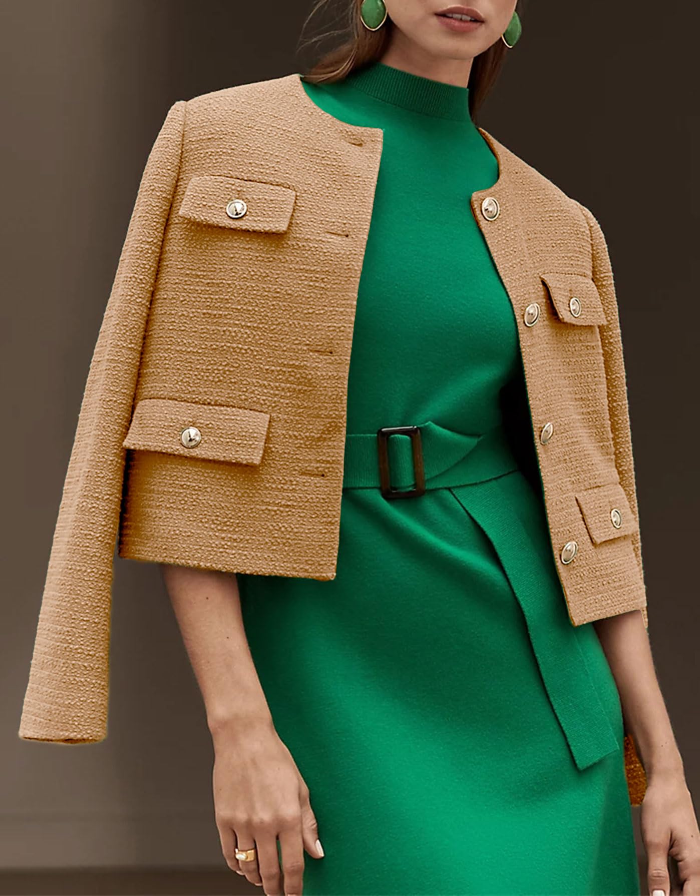 YEXPINE Tagliato Tweed Blazer Giacche per Le Donne Elegante Sottile Senza Colletto Abiti Casual Affari