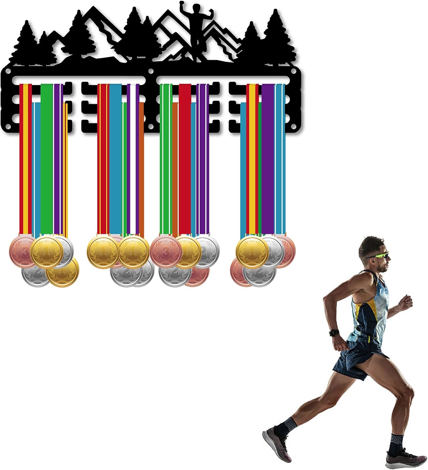 CREATCABIN Trail Running Medal Holder Medal Hangers Medal Rack Display Marathon Sports Metal Hanging Awards Iron Small Mount Awards for Wall Home Badge Race Running Soccer Medalist Black 11.4 x 5 Inch