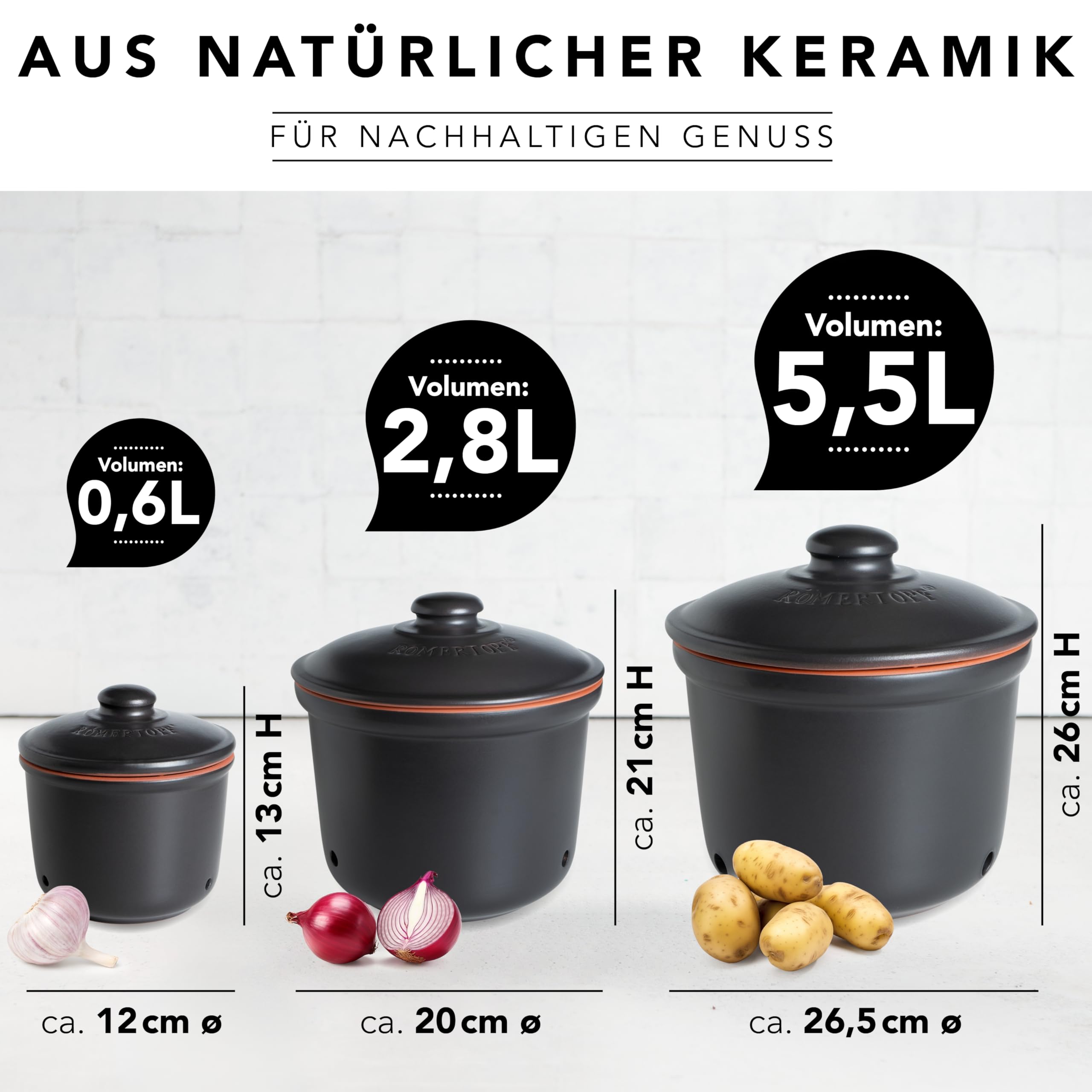 Römertopf Set 3 Contenitori Freschezza in Ceramica – Porta Aglio, Cipolle e Patate, Conservazione Naturale e Traspirante, Nero, tradizione dal 1967