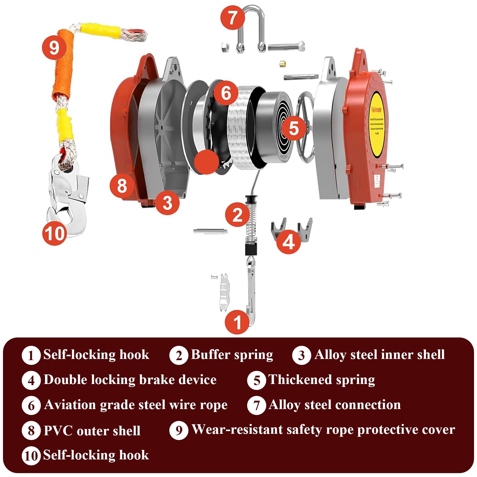 Dispositivo Anticaduta Retrattile Certificato, 200 KG Dispositivo Anticaduta Tetto con Doppia Serratura, 10m Rosso Kit Imbracatura Anticaduta Tetto e Lavoro Aereo(Rosso - 2 Pezzi,10m)