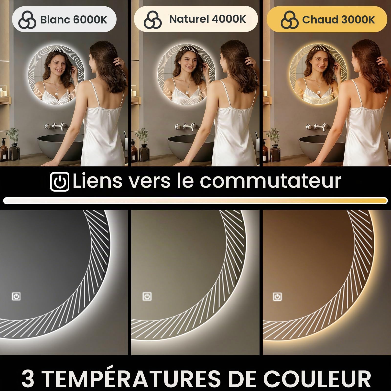 Miroir mural de salle de bain avec éclairage - 50 x 50 cm (L x l)