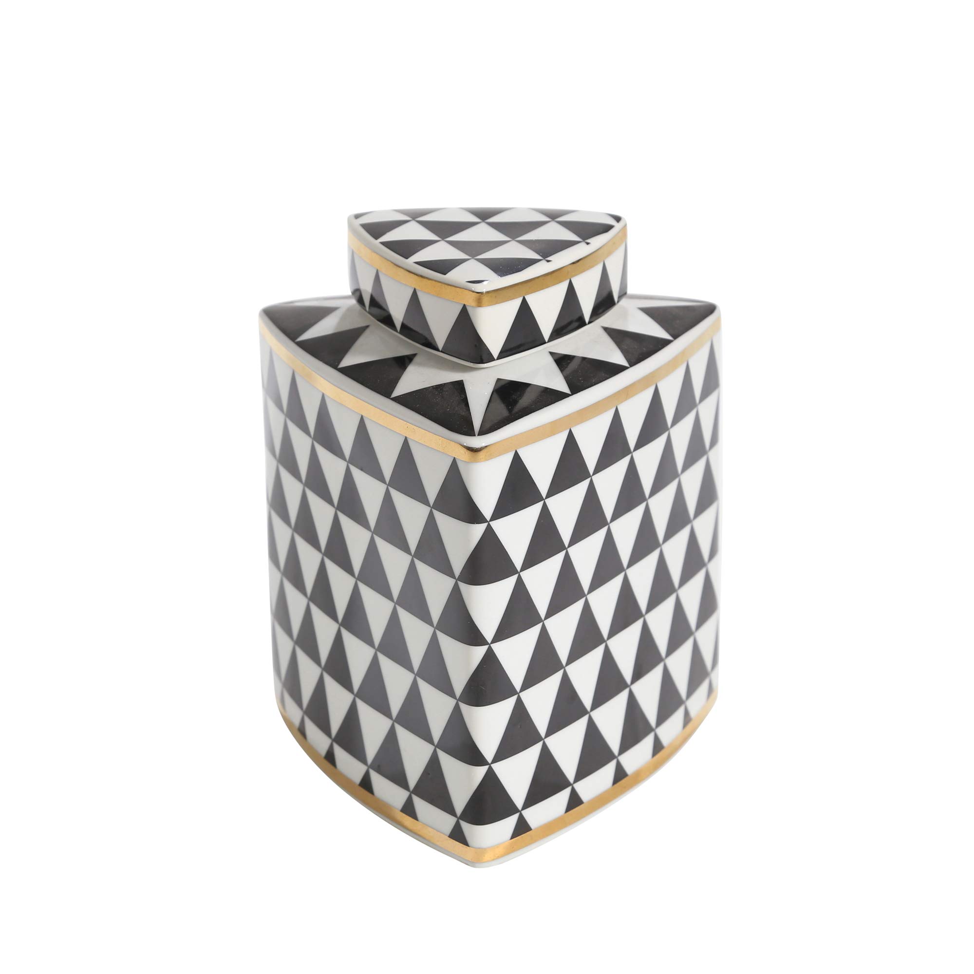 Sagebrook Home 12464-03 Ceramic Triangular Covered Jar, Black/White/Gold White/Black, 6.25x6.25x15