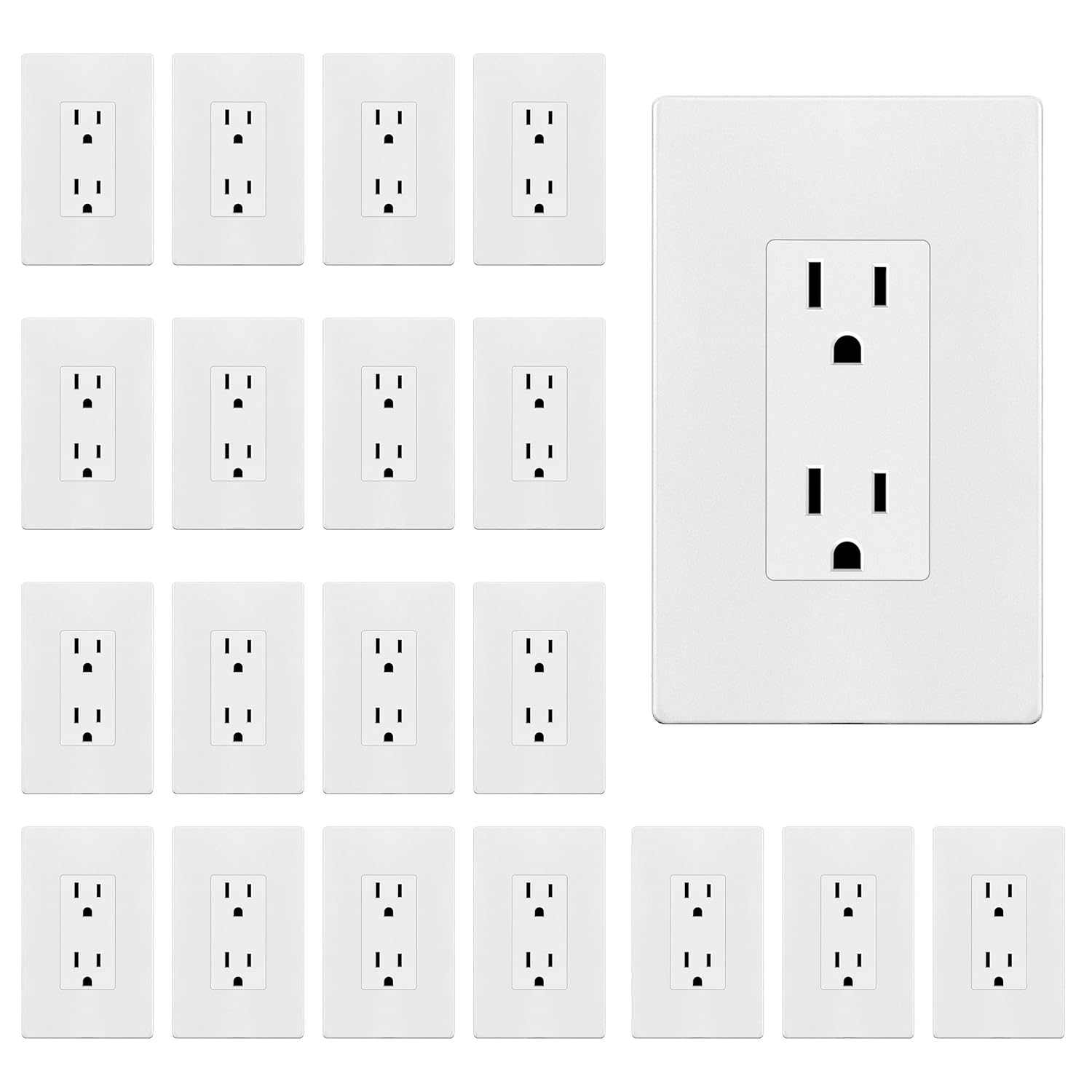 ENERLITES 20 Pack Matte White Decorator Receptacle with Screwless Wall Plate, Standard Electrical Wall Outlet, 15A 125V, Self-Grounding, 2-Pole, 3-Wire, UL Listed, 61502-MW, Non Tamper Resistant