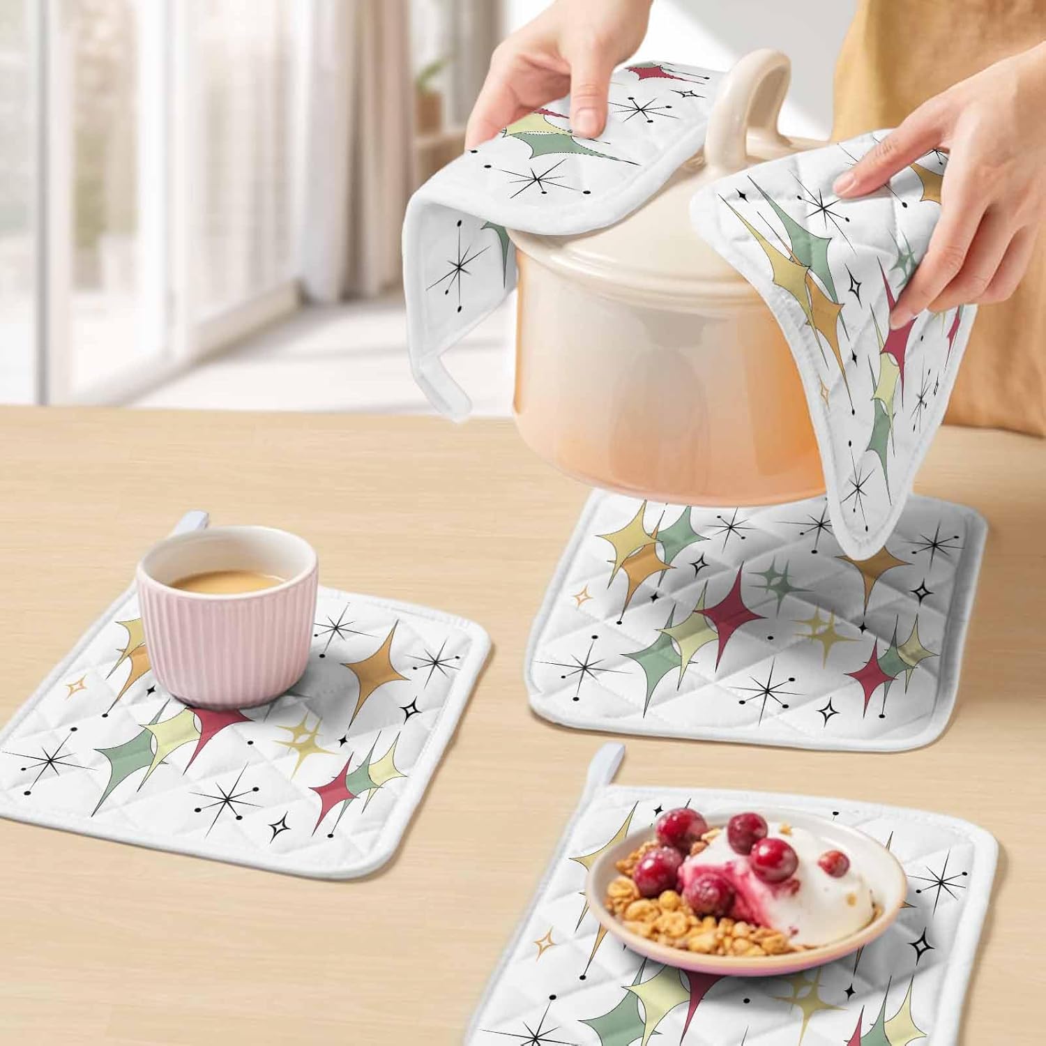 Multicolor Diamond Pot Holders for Kitchen Heatproof Potholder, 5 Pack Modern Geometric Middle Century Hot Pads Multipurpose Oven Pads Cloth Potholders Trivet for Cooking Baking