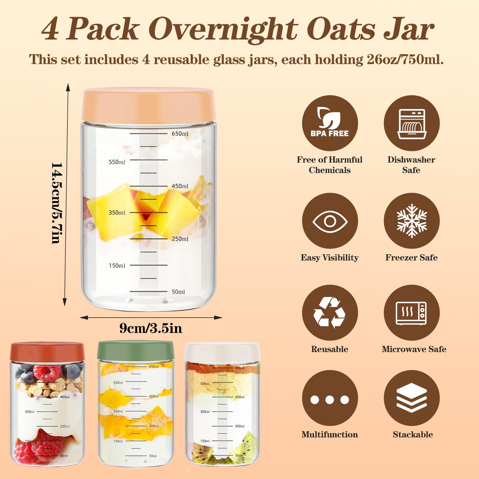 NCONCO Paquete de 4 tarros de vidrio multiusos de 750 ml con tapas, reutilizables a prueba de fugas, tarros de almacenamiento de alimentos con tapas para aperitivos, yogur, preparación de comidas