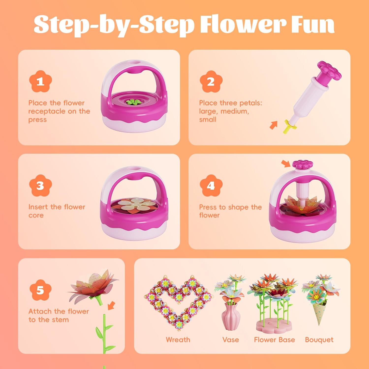 Fabric Flower Bouquet Craft Kit, DIY Arts & Crafts Toy for Kids, Creative Flower-Making Activity Set, Educational Preschool Toy, Perfect Birthday & Christmas Gift for Girls Ages 4 5 6 7 8+ (red) - Image 6