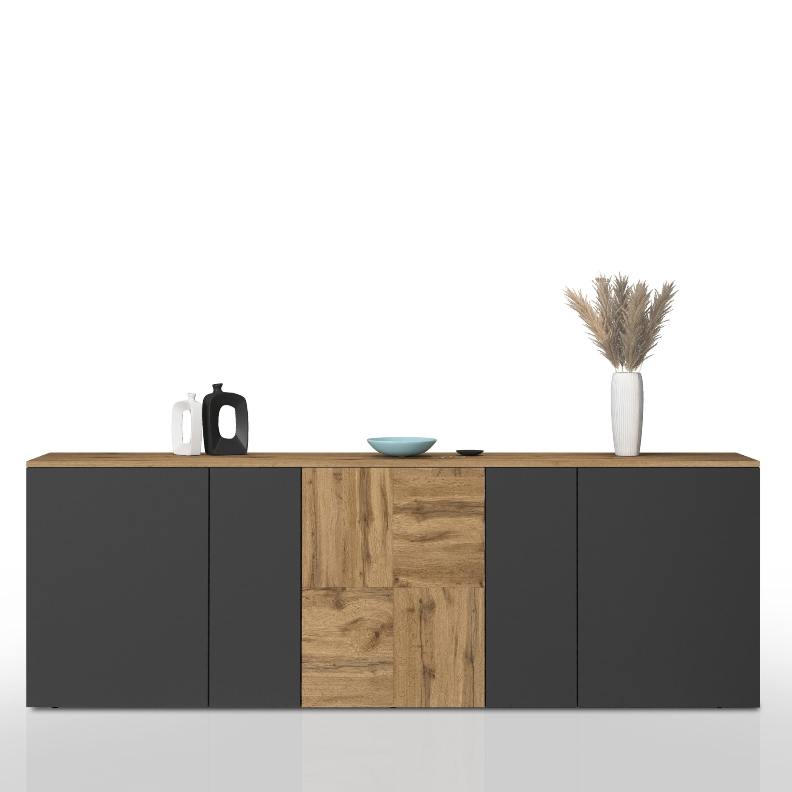 WHOUS Buffet ISEO pour Salon avec 5 Portes, bahut pour Cuisine et Salle à Manger de 200 x 35 x 70, Bicolore Anthracite Opaque et Chêne
