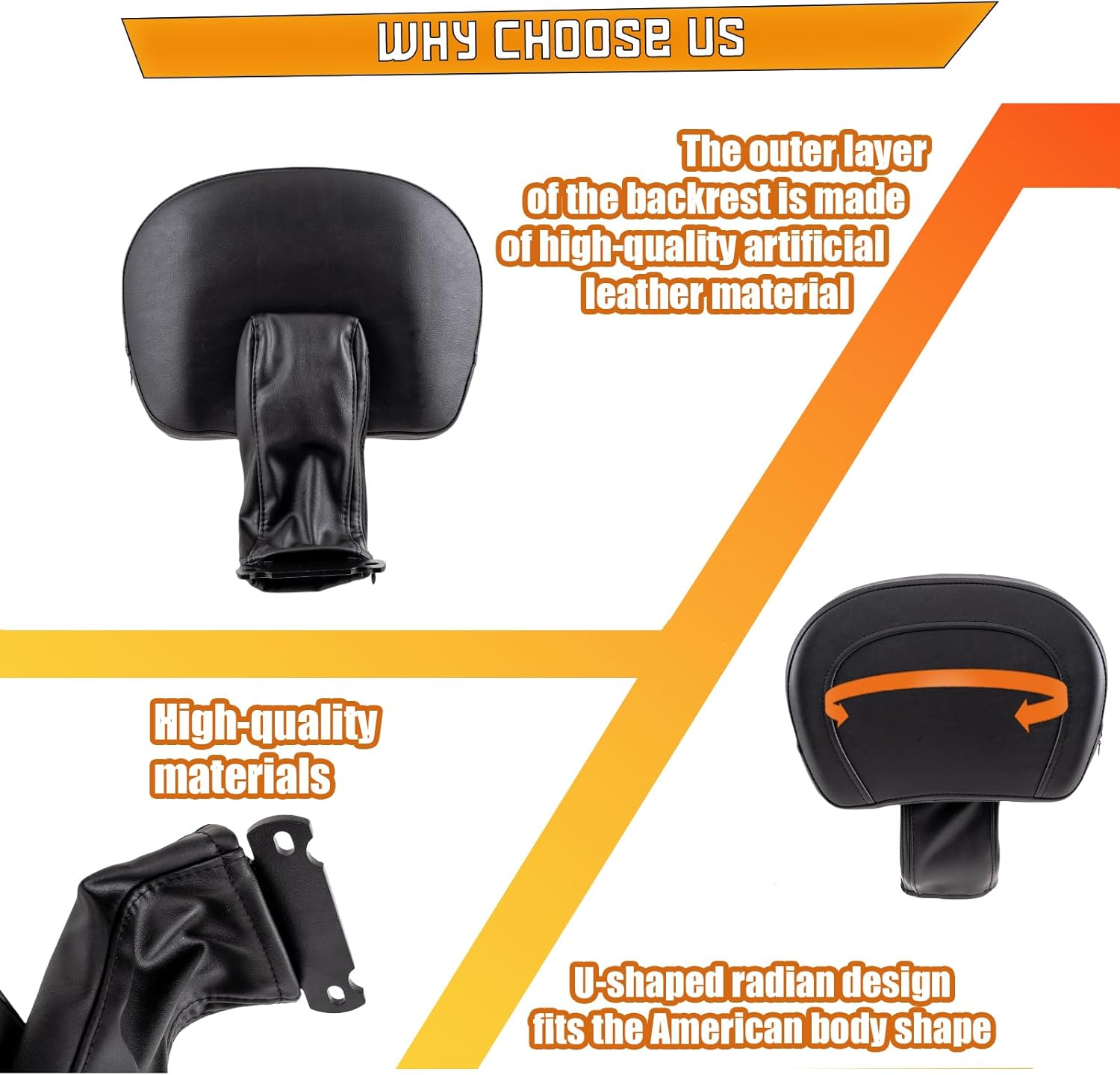 Kinglemc Adjustable Driver Rider Touring Backrest for Honda Shadow AERO VT750 2004-2016;Shadow ACE 750 1997-2003 (Black-Nod-Studded)