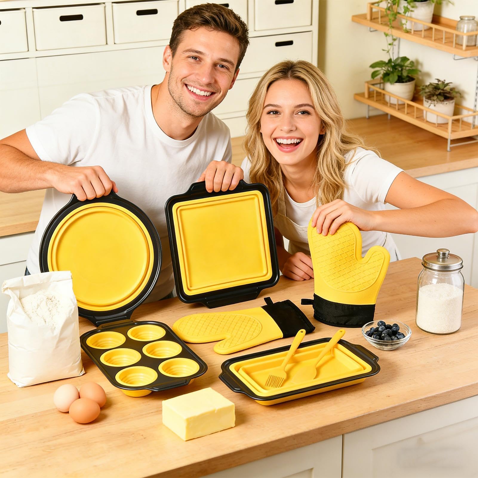 Silikonowa forma do pieczenia Układane na stos | Z zestawem rękawic, skrobaczki i pędzelka Do pieczenia muffin, chleba, babeczek w piekarniku, idealna do kuchni,