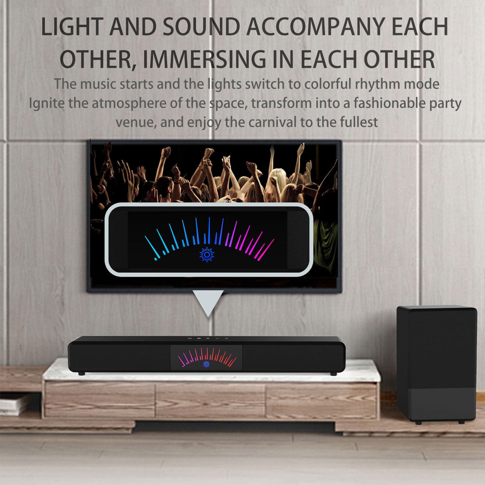 Goshyda Soundbar con Subwoofer, system di Altoparlanti Home Theater Bluetooth 6.3, Audio Surround 2.1 con Interfaccia Multimediale HD ARC, Ottico, AUX, USB, per Film, Musica, Feste (Spina europea)