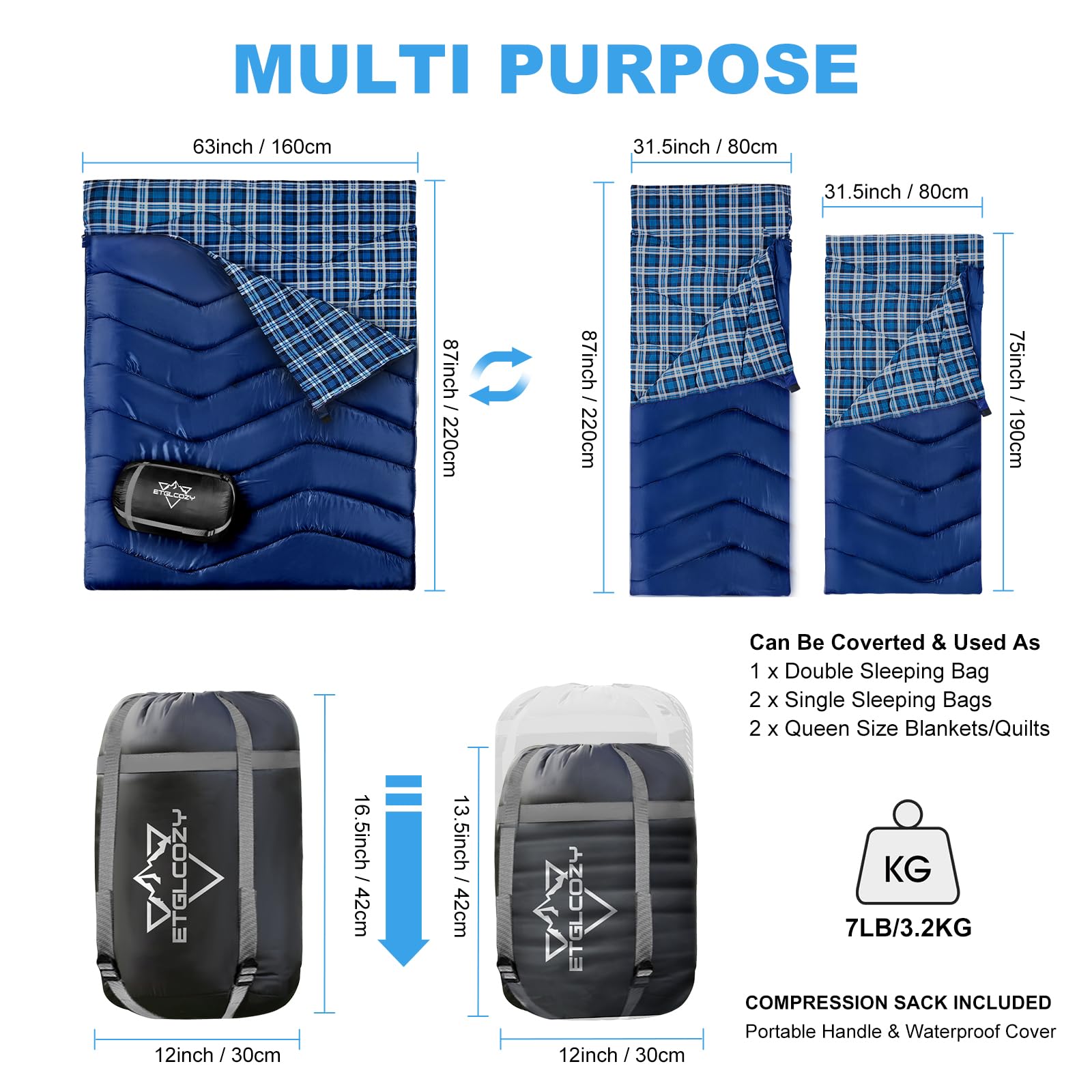 Double Sleeping Bag for Adults Camping, XL Queen Size 2 Person Cotton Flannel Sleeping Bags for All Season Hiking Backpacking, Lightweight Waterproof for Cold Weather & Warm