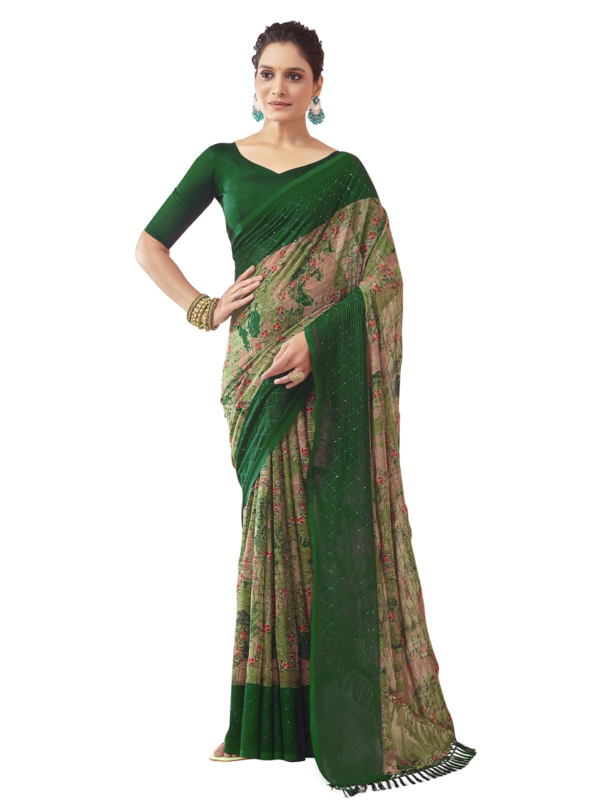 Satrani Women's Georgette Printed & Sequence Woven Work Saree With Unstitched Blouse Piece (3476S714N_Dark Green & Light Green & Multi)