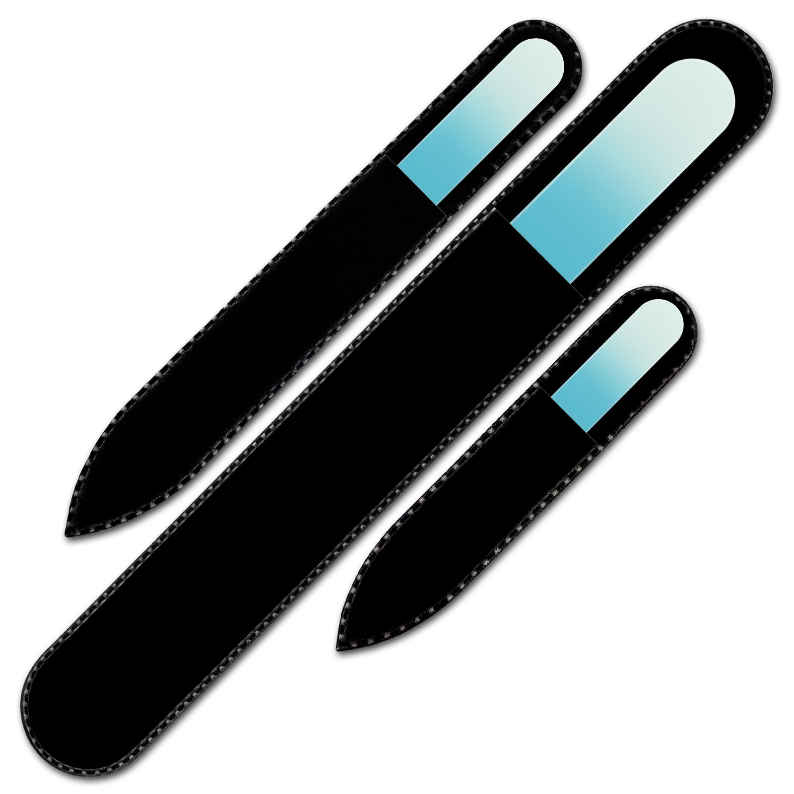 Mont Bleu Set di 3 lima per unghie in vetro colorato in sacchetto di nero - grande dimensioni - vero cristallo di Boemia temperato - Fatto a mano in Repubblica Ceca
