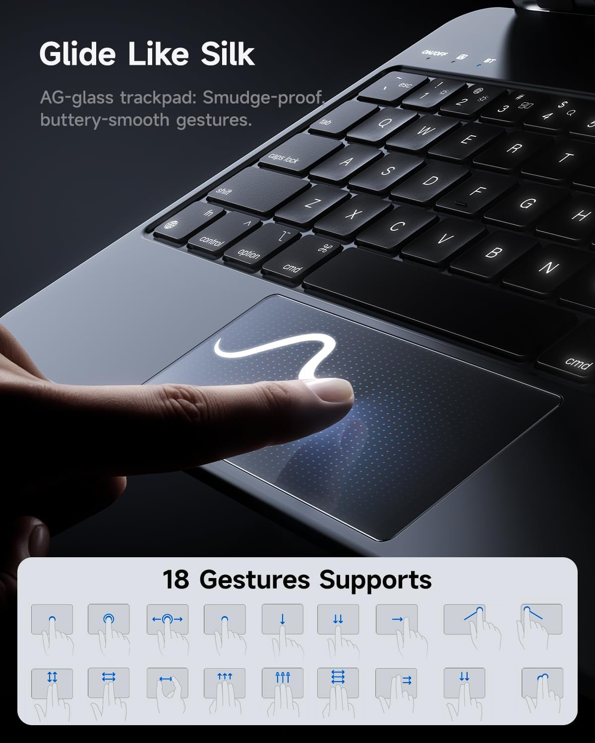 Woman using the HOU Keyboard Case with iPad, demonstrating the 135-degree adjustable floating stand.