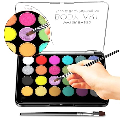 Miniatura 2 de Kit de pintura facial para niños, 32 plantillas, 24 pinturas grandes a base de agua, 2 pinceles, pintura facial y corporal de calidad profesional,