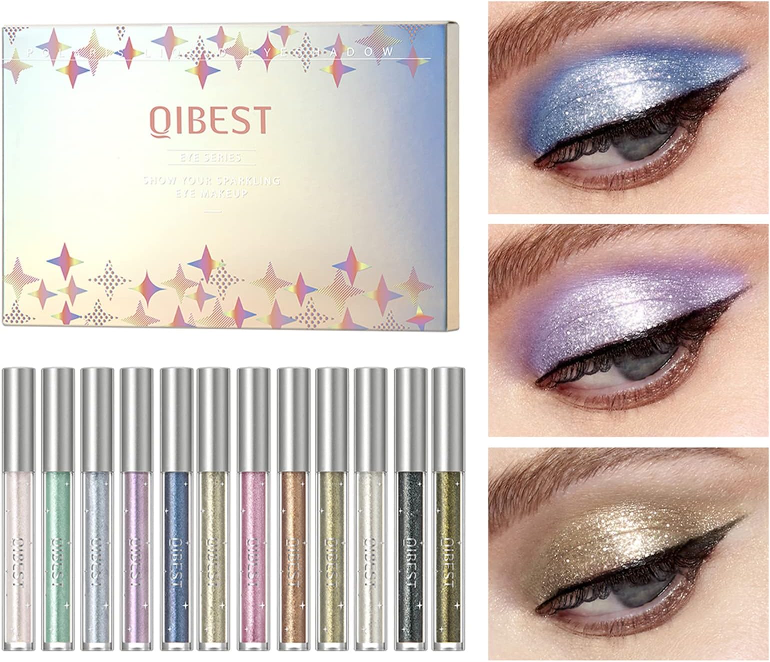 QiBest Liquid Eyeshadow 12 Color Set, Multi-dimensional Metallic Glitter Eyeshadow Ultra-creamy Highly Pigmented Reflective Shimmer Liquid Eye Shadow Makeup Kits