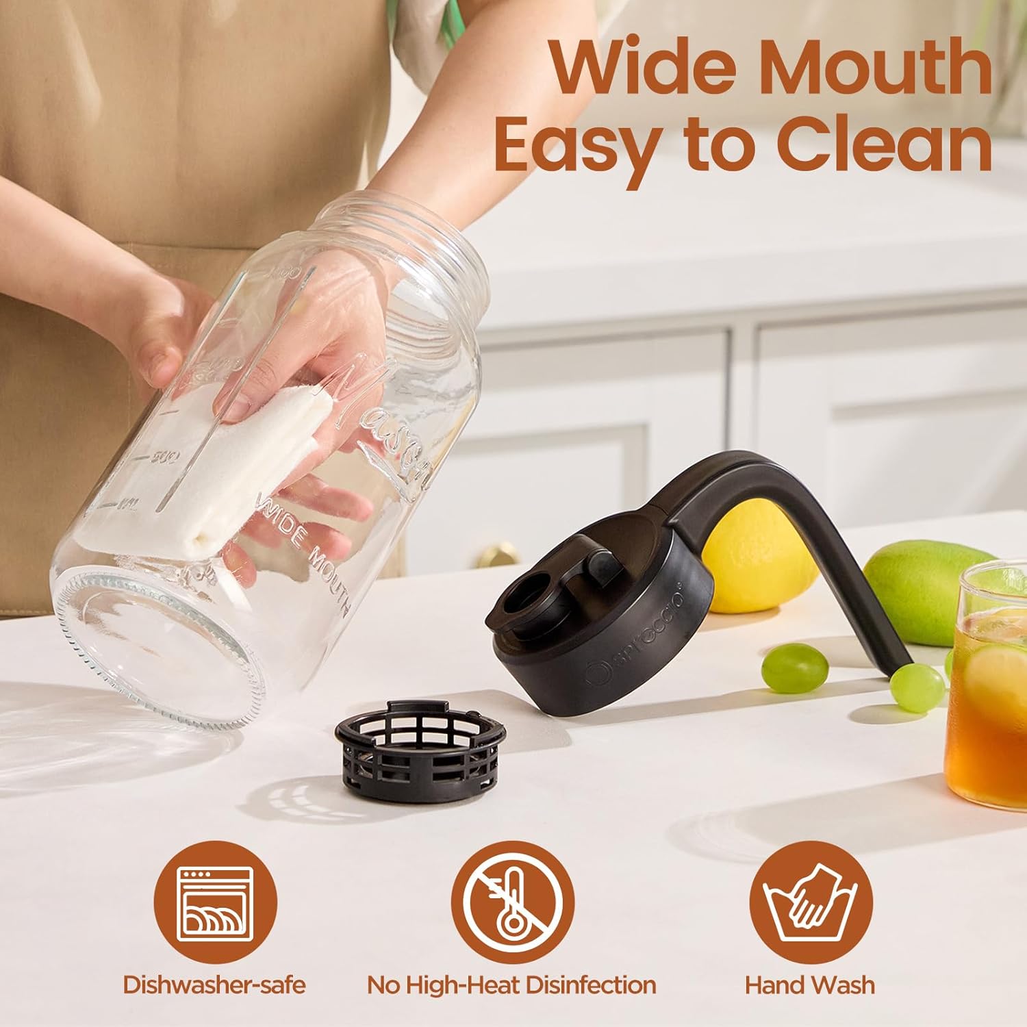 Mason Jar Pitcher with Tea Filter, Airtight & Leakproof Glass Pitcher with Lid, 64 oz Sun Tea Glass Jar for Outside, Perfect for Sun Tea, Lemonade, and iced Tea - Image 6