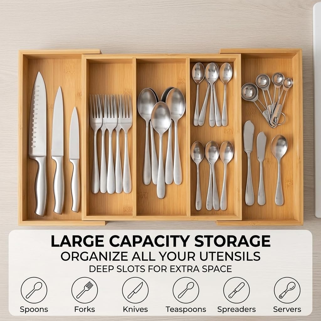 FUSHITON Expandable Bamboo Drawer Organizer, Adjustable Utensil Tray for Knives and Cutlery, Natural Wood Silverware Organizer for Kitchen, Bathroom