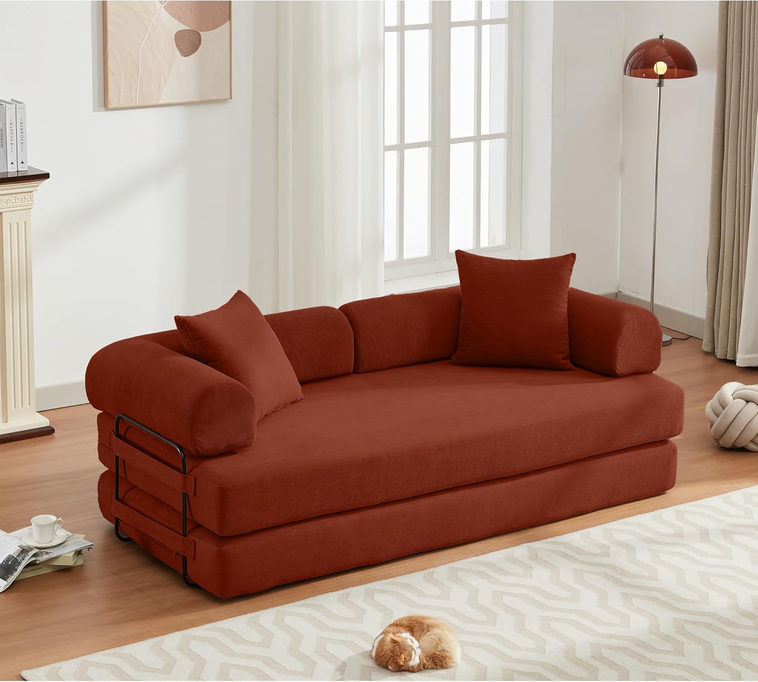 Convertible Sleeper Sofa Bed with Fixed-Shape Frame, Floor Sofa Couch with Cylindrical Pillow, Corduroy Folding Mattress Couch for Living Room Bedroom Apartment Studio,Ancora Red