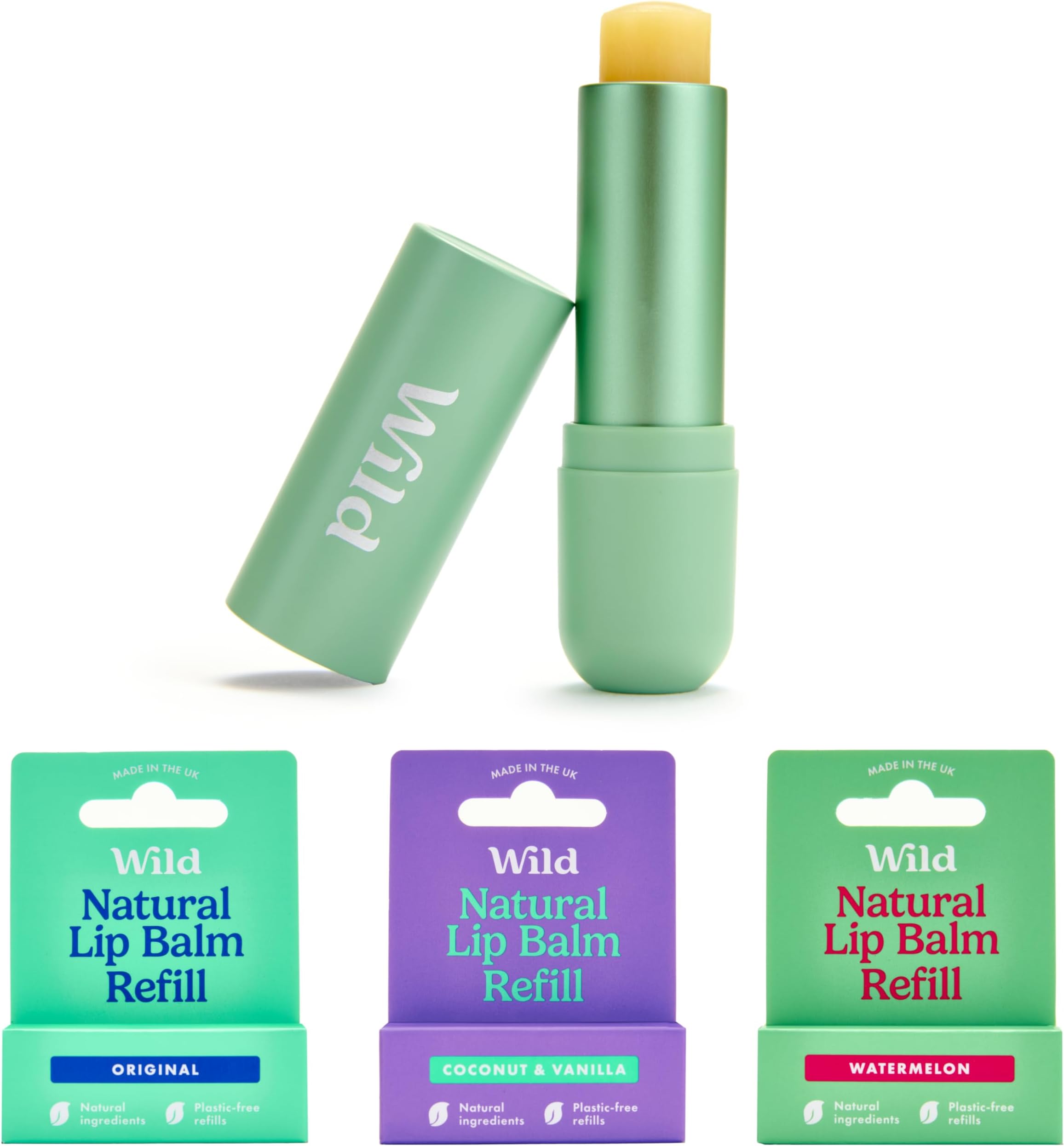 WildNatural Refillable Lip Balm Starter Kit - Includes Sage Green Aluminium Case & 3 Pack Lip Balm Refills in a Variety of Scents - Includes Original, Coconut & Vanilla and Watermelon Scents