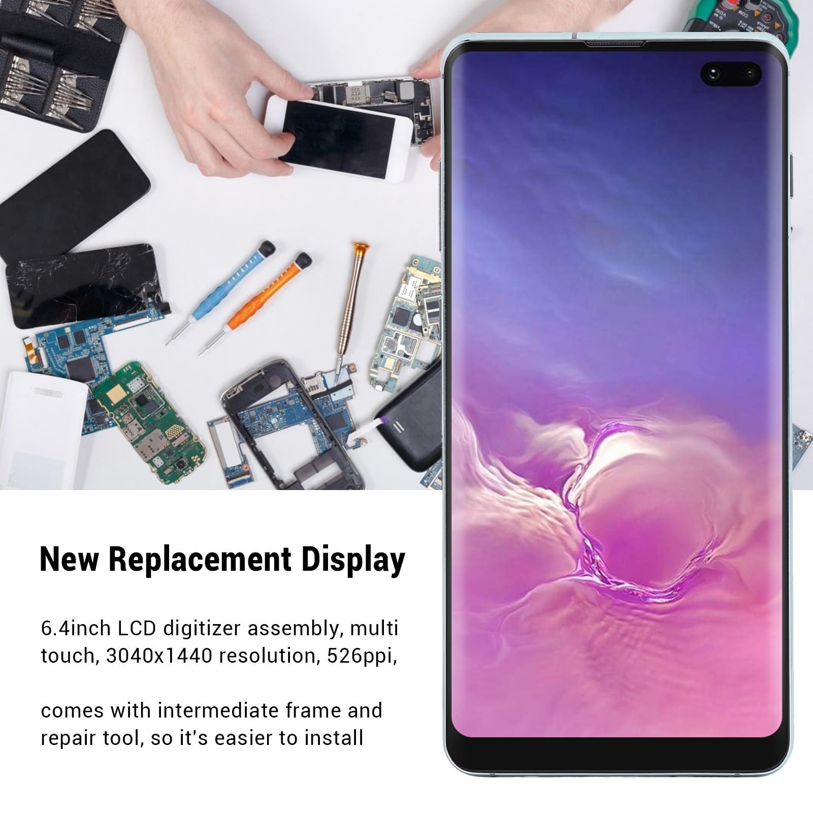 Annadue para S10 Plus Pantalla LCD de Repuesto, Conjunto de Digitalizador de Pantalla OLED con Marco, Herramienta de Reparación y Huellas Dactilares, para S10 Plus SM-N975,