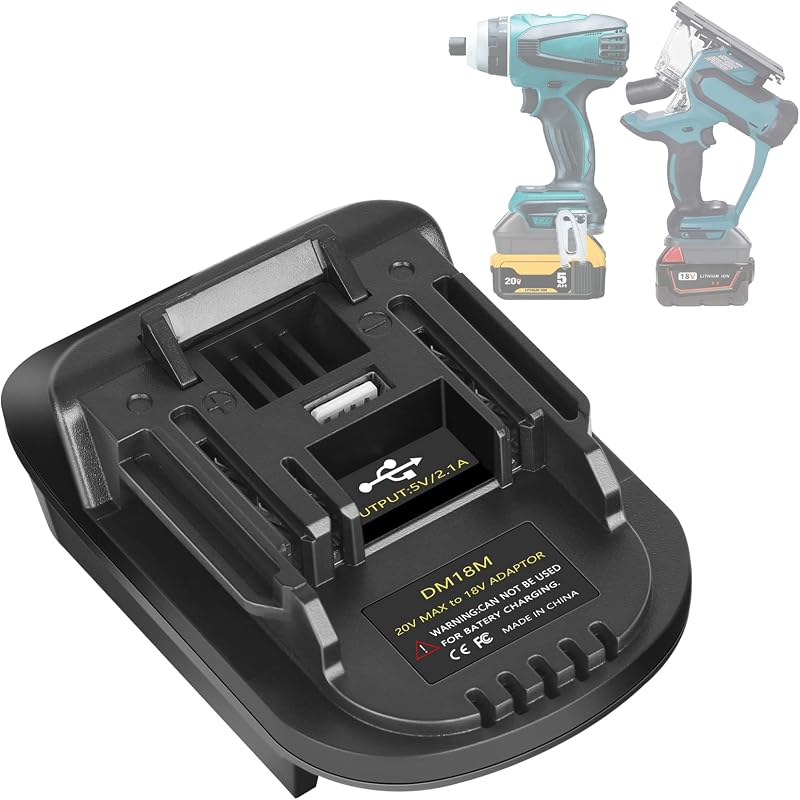 DM18M Converter Battery Adapter for Dewalt 20V & Milwaukee M18 18V Battery | Converter to Makita 18V BL1830 BL1840 BL1850 Cordless Power Tools Use, with USB Charging Socket (Bare Adapter Only)
