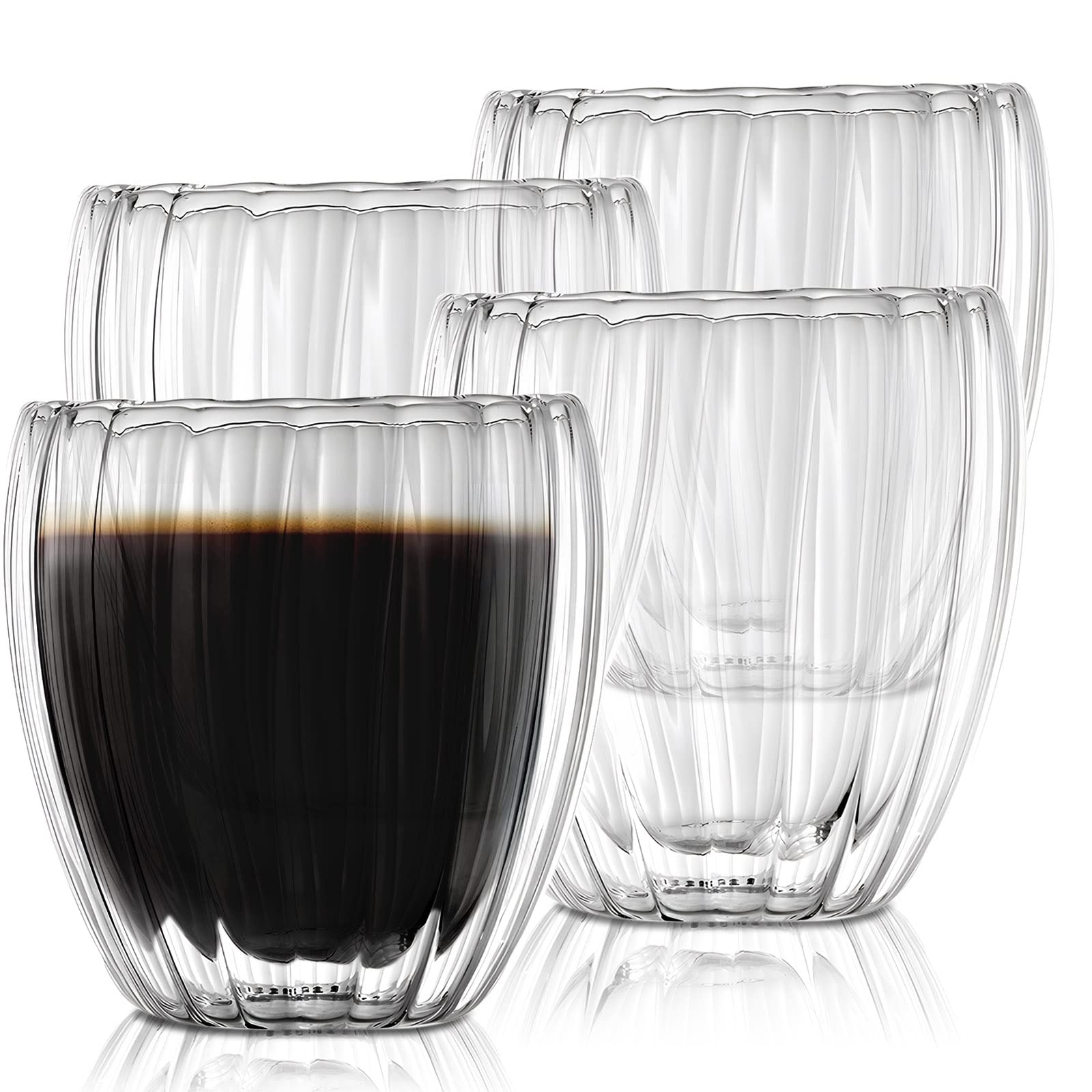 Premium Designed Double Wall Insulated Glass 4-Pack, 250ml, Coffee or Tea Glass Mugs, Thermo Insulated Glass, Perfect for Latte, Cappuccino, Americano, Tea and Beverage