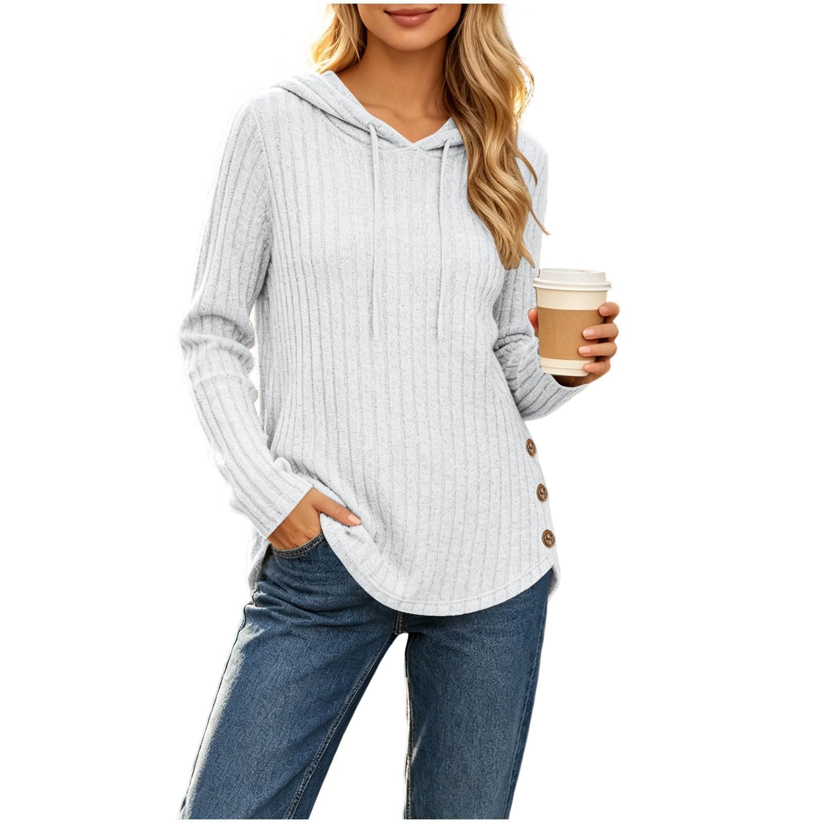 Hoodie Damen Strickpullover Oversize Pullover Rippstrick Kapuzenpullover Lässige Winterpullover Elegante Hoodies Warme Sweatshirt Atmungsaktiv Strick Pulli mit Knöpfen Arc-Saum Einfarbig Hoody