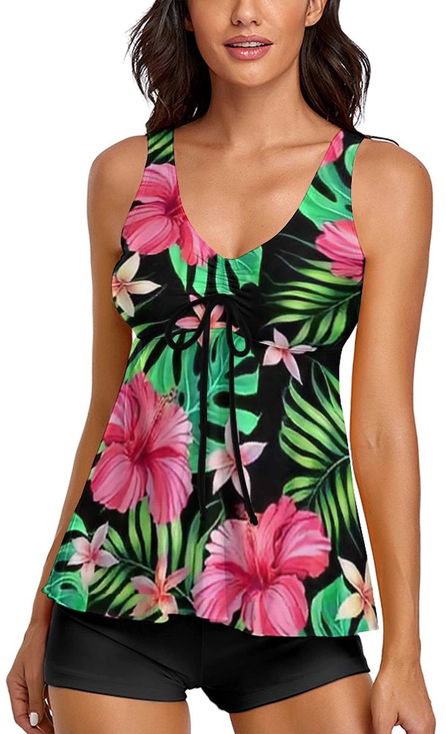 Modest Tankini Swimsuits for Women Two Piece Bathing Suits Floral Print Tank Top with Boyshorts