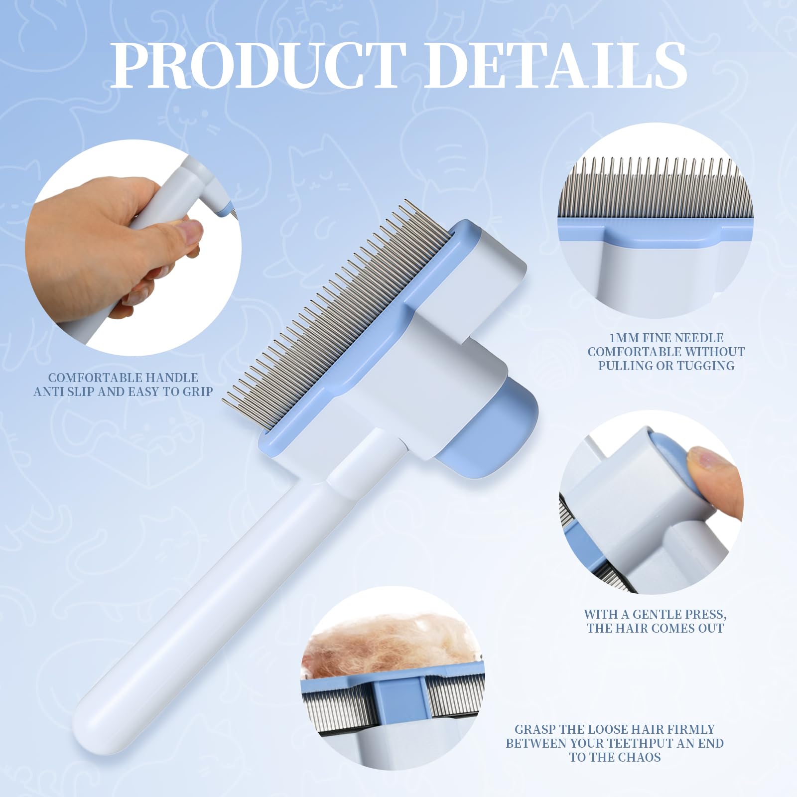 1mm Dents Rondes Brosse pour Chat et Chien, Brosse Poil Long et Court, Peigne Anti Puces pour Mascota, Peigne Chat et Chien Auto-Nettoyante, Élimine Poils Et Saletés, Doux pour La Peau