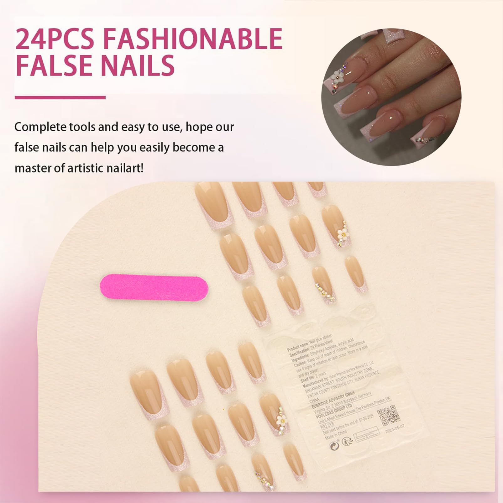 Nude Peach French Style Artificial Nail Tips with Glittery Pink Tips and Flower Rhinestone Accents - Image 4