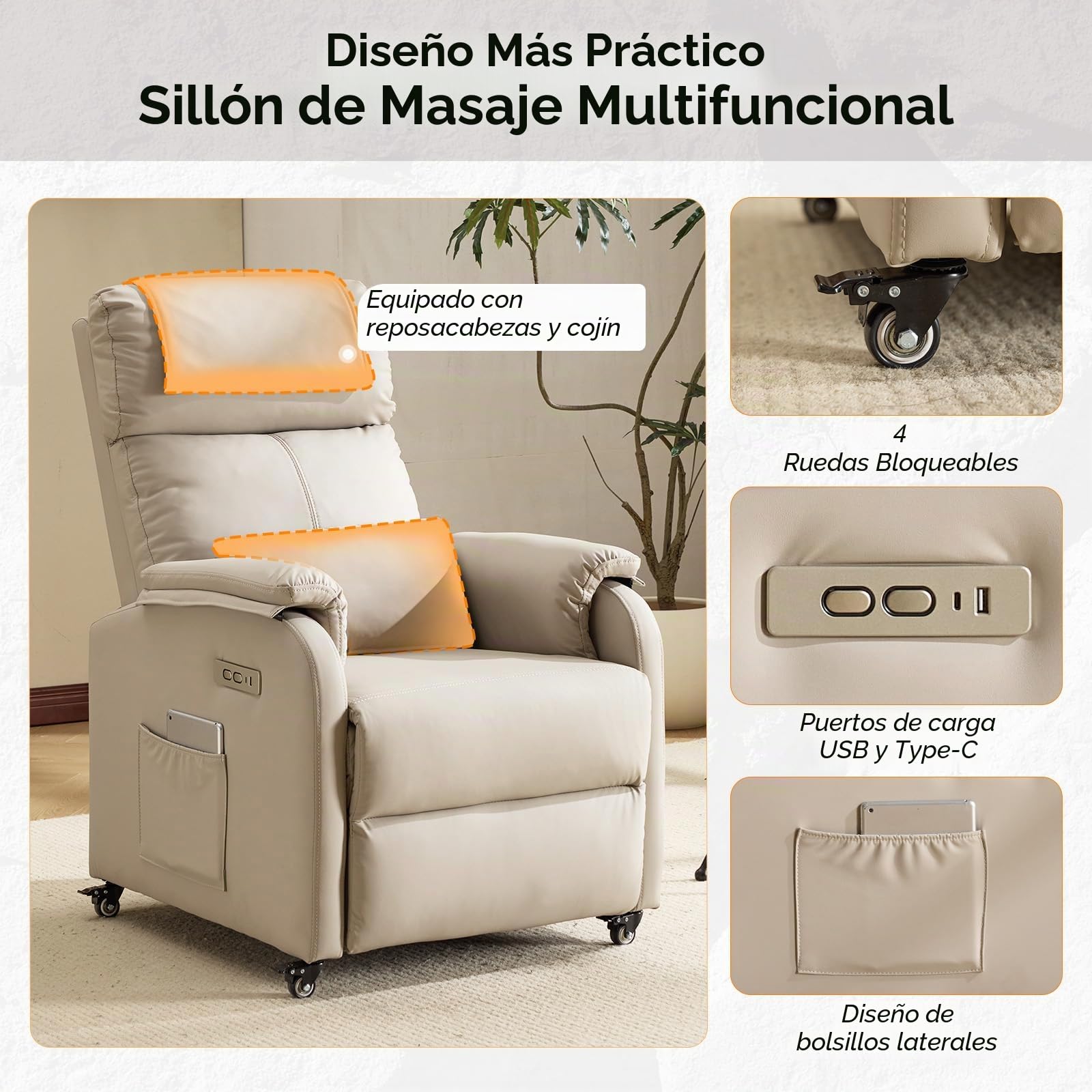 Bonnlo Sillón Relax Reclinable Eléctrico con Ruedas, Sillón Relax con Puntos Masaje y Calor, con Cojín y Reposacabezas, para Salón y Oficina, Soporte hasta 150 kg (Gris Perla, Antigarra-2 Puntos)