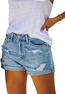 Silunma2021 Women's Ripped Folded Hem Shorts Mid Waisted Distressed Short Frayed Casual Summer Shorts with Pockets