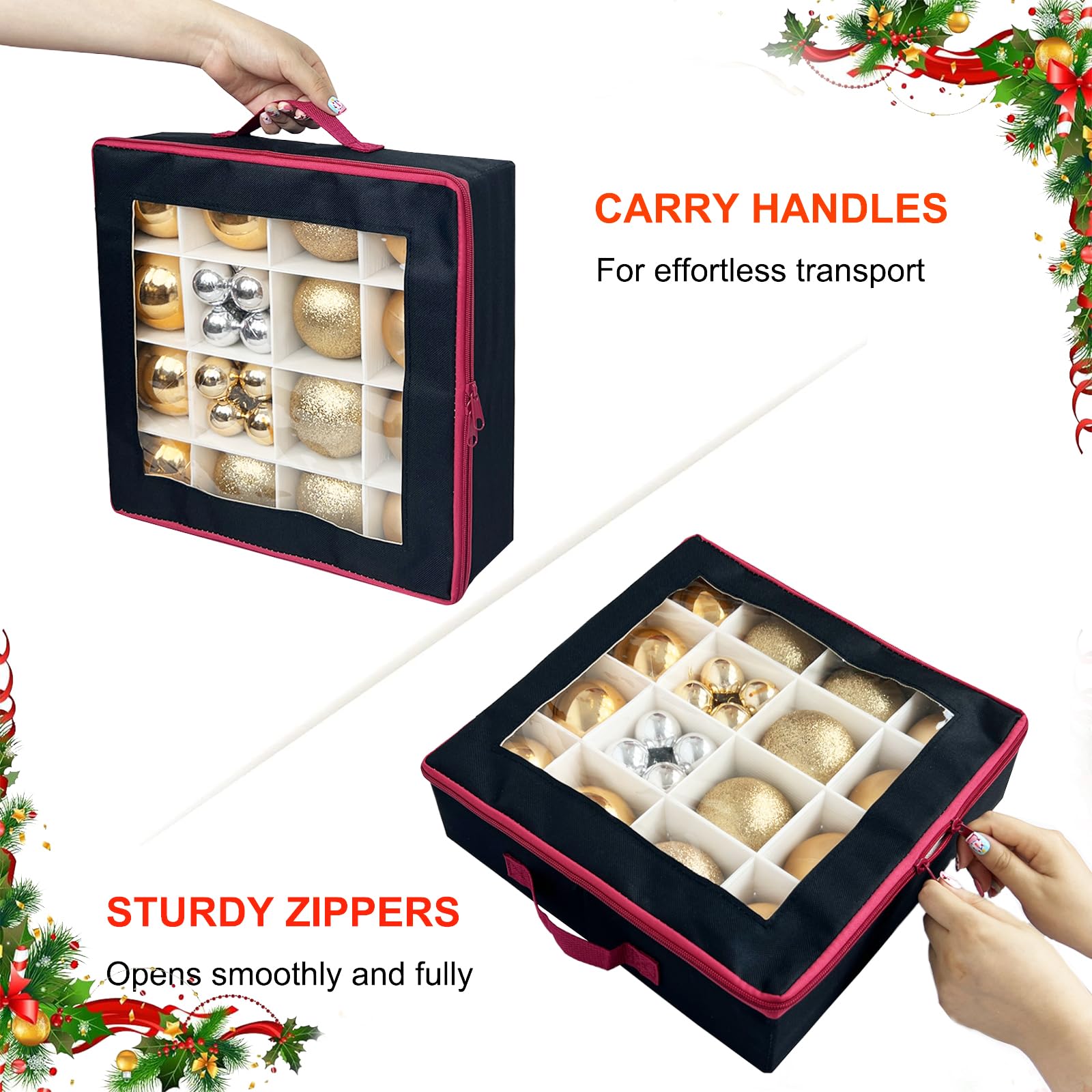 Caja de almacenamiento de adornos de bolas de Navidad con divisores, 4 organizadores plegables de decoraciones de Navidad con 2 asas y tapas para vacaciones (negro)