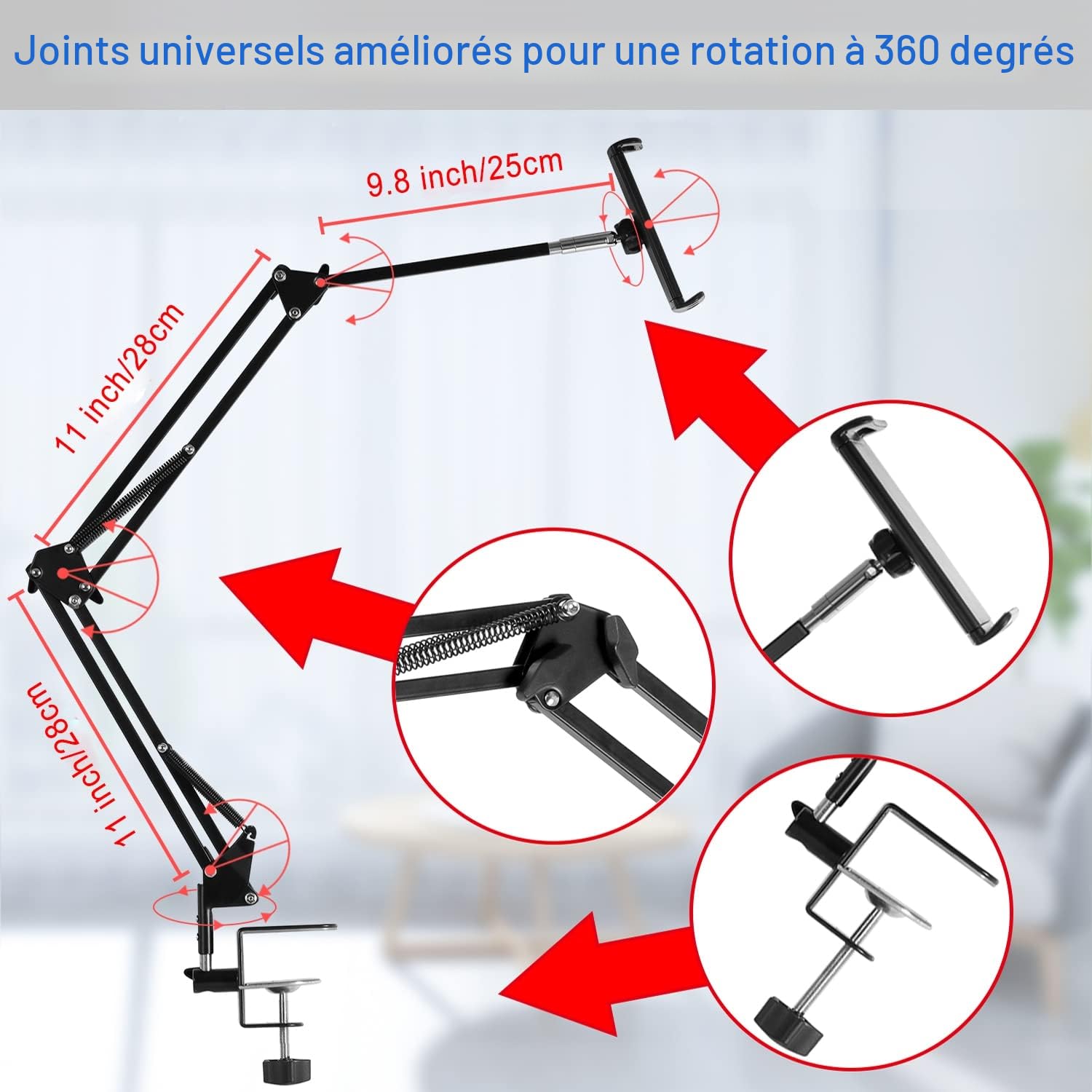 SAMHOUSING Support de tablette pour lit - Support rotatif à 360 degrés avec bras en aluminium stable pour iPad, tablettes, téléphones ou autres appareils avec écran de 4,5 à 12,9 pouces
