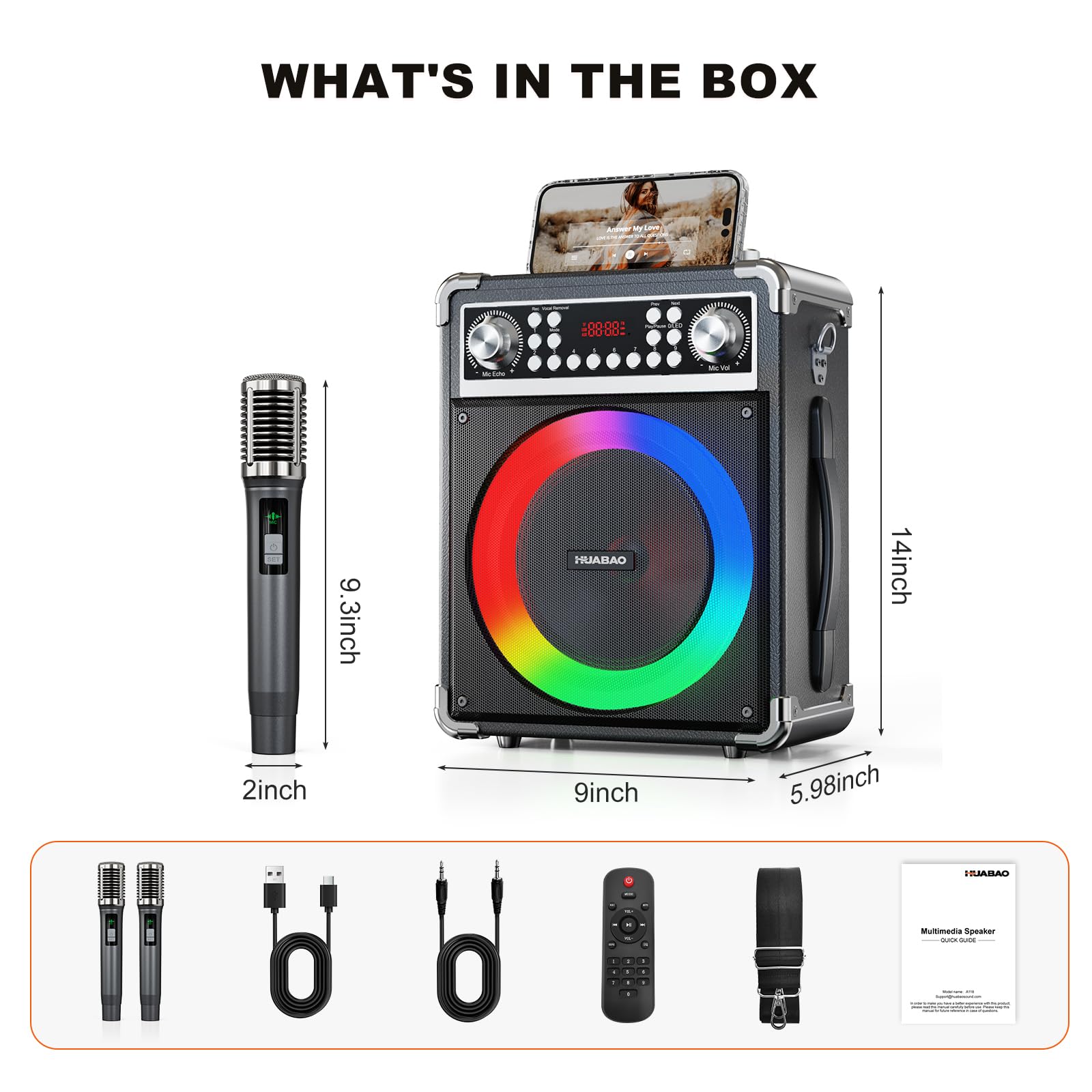 Máquina de karaoke con 2 micrófonos inalámbricos, altavoz Bluetooth portátil para adultos y niños, sistema PA con control remoto y luces, control de graves/agudos, compatible con USB/AUX/TF/FM