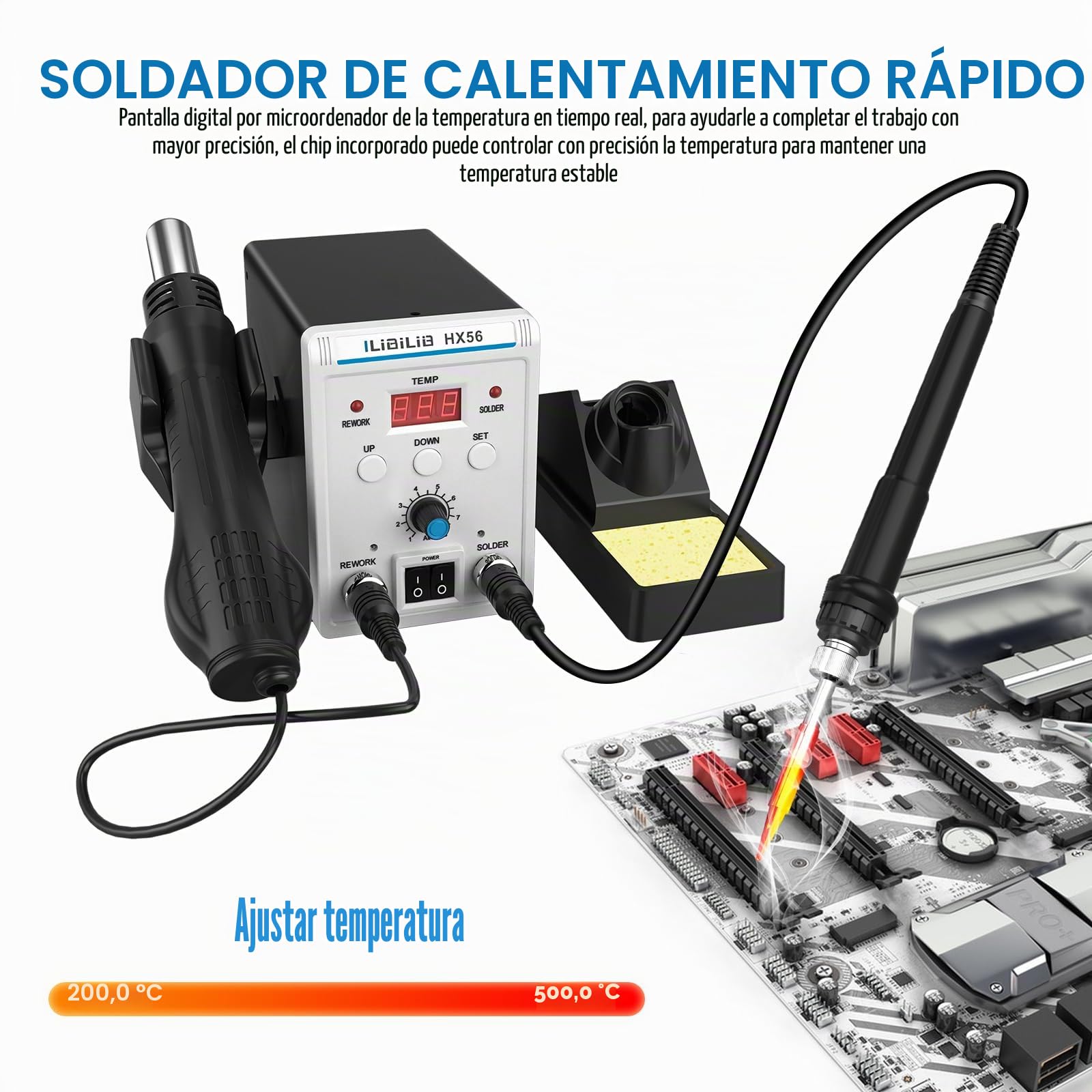 Estación de soldadura, ILIBILIB - Estación de soldadura y aire caliente 2 en 1 SMD de 60 W, estación de soldadura con pantalla digital y 5 puntas intercambiables, alambre de soldadura, boquillas