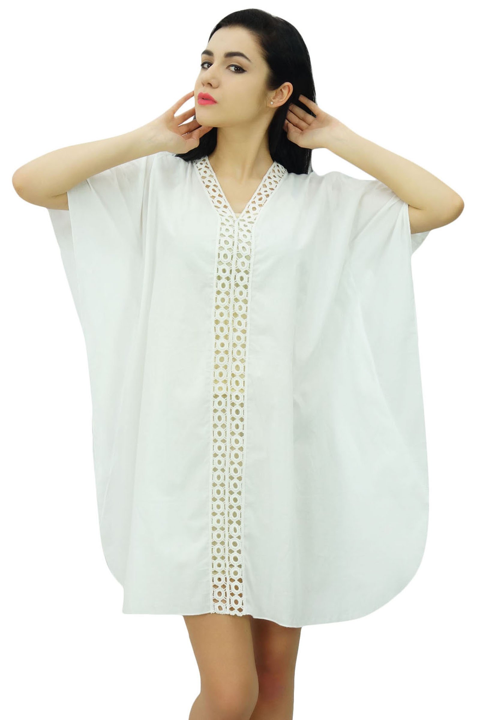 Bimba Mini Beach Kaftan Dress for Women's Short Caftan Sheer Lace Front Beachwear Cover Up White