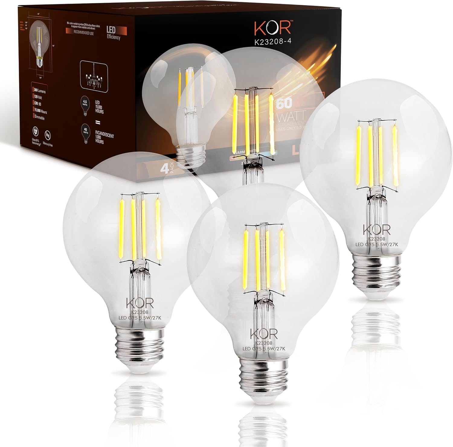 KOR 4 Pack 5.5W (60W Equivalent) Clear G25 Globe Led Light Bulbs 2700K Warm White Dimmable Filament G25 Vintage LED E26 Base Dimmable Globe for Bathroom Vanity Bedroom Pendant