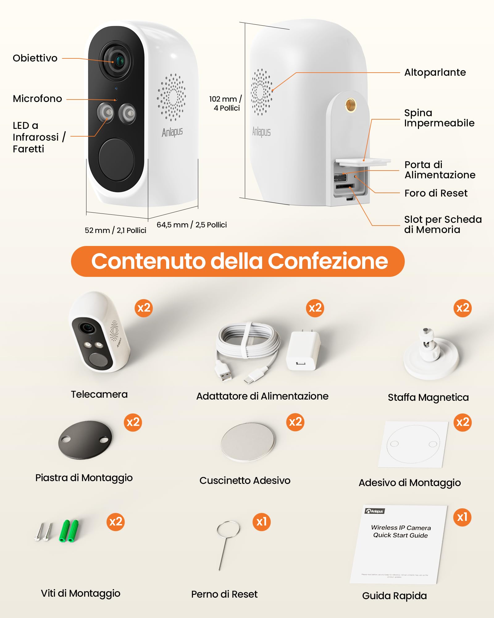 Anlapus 2K, 3MP Confezione da 2 Telecamere di Sorveglianza WiFi 6 Esterno/Interno, Visione Notturna a Colori, Rilevamento Persona/Veicolo, Allarme Acustico e Luminoso, Registrazione 24/7