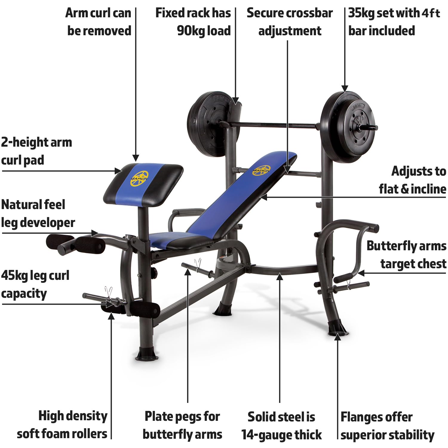 Marcy MWB-36750b, banco de musculación multifuncional completo, con juego de barra de 35 kg