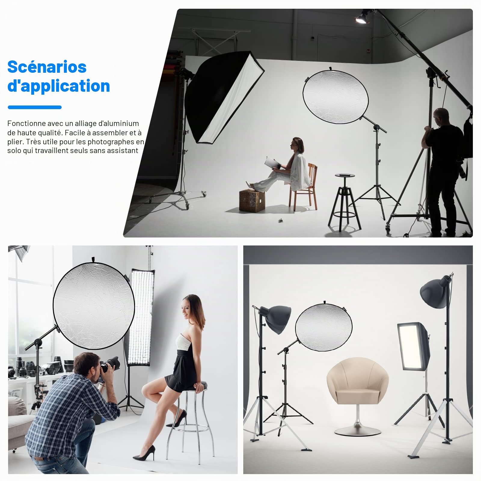 Support de réflecteur Extensible de 66 à 170 cm, Support Extensible pour réflecteur, Photographie, Support pivotant à 360 °, Barre transversale Extensible pour Studio Photo