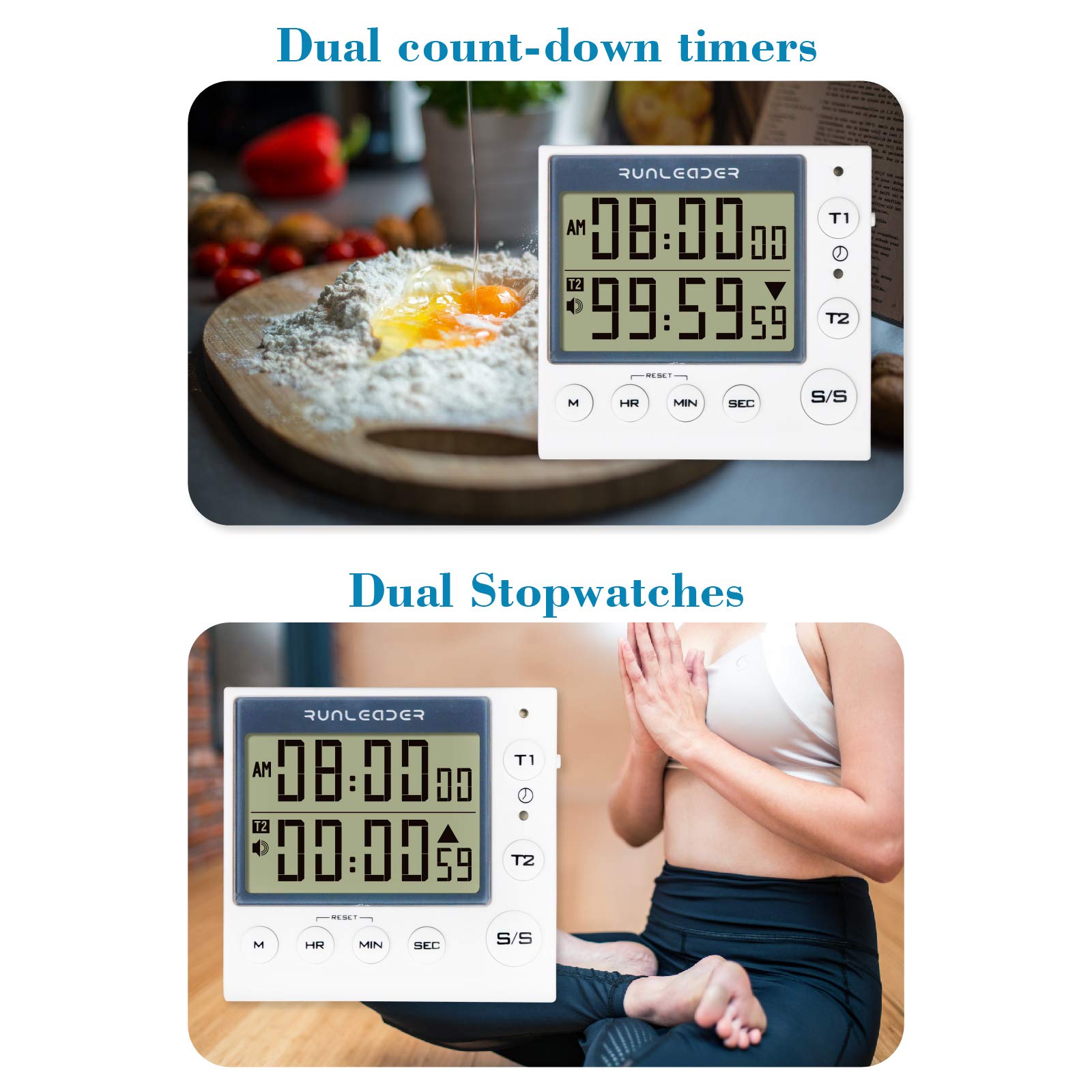 Timer Digitale Da Cucina Con Doppio Canale - Conto Alla Rovescia E Cronometro - Con Sveglia E Supporto Magnetico - Foto 5